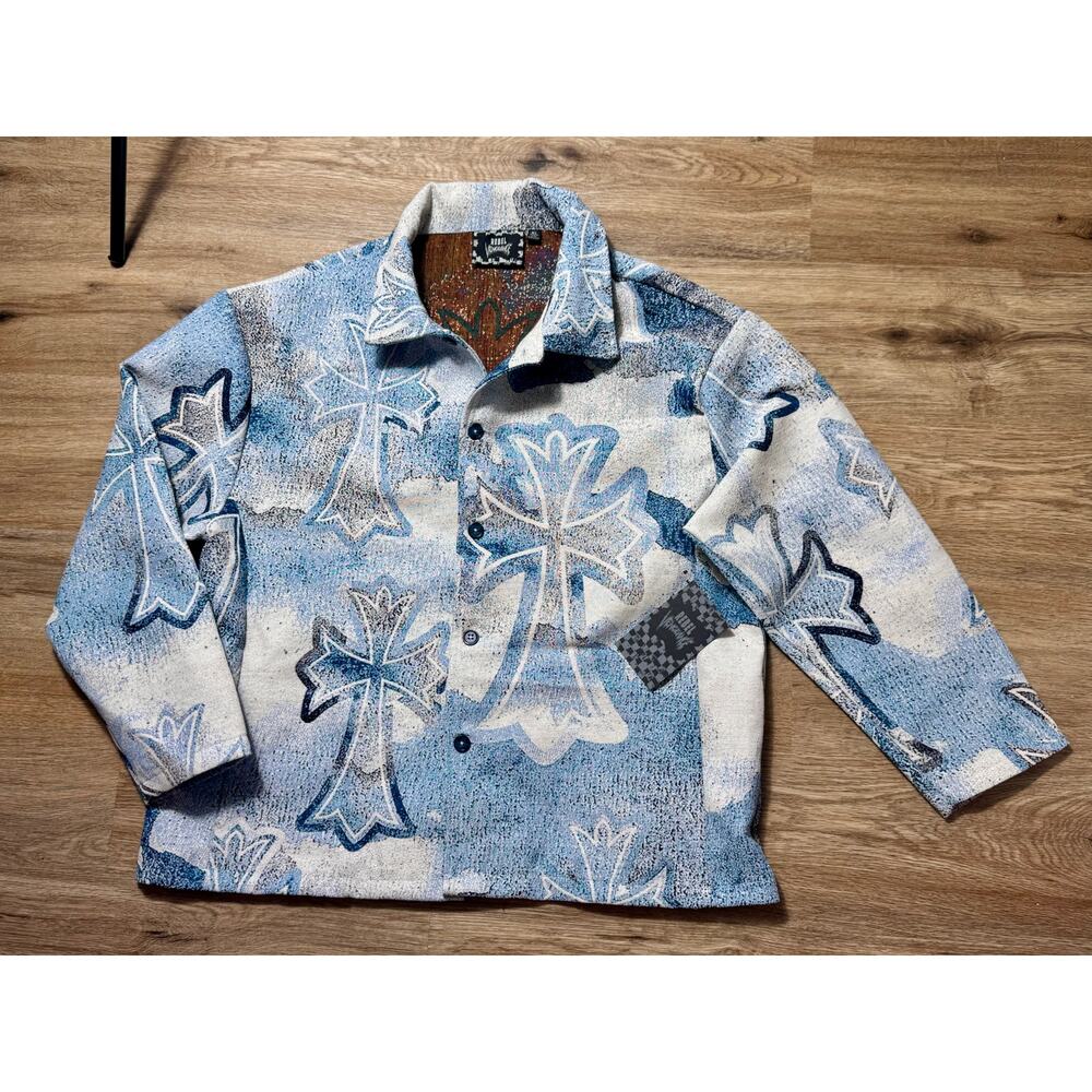 Gothic Cross Tapestry Jacket Blue CreamBoxy Streetwear Large L Rebel Vengeance
